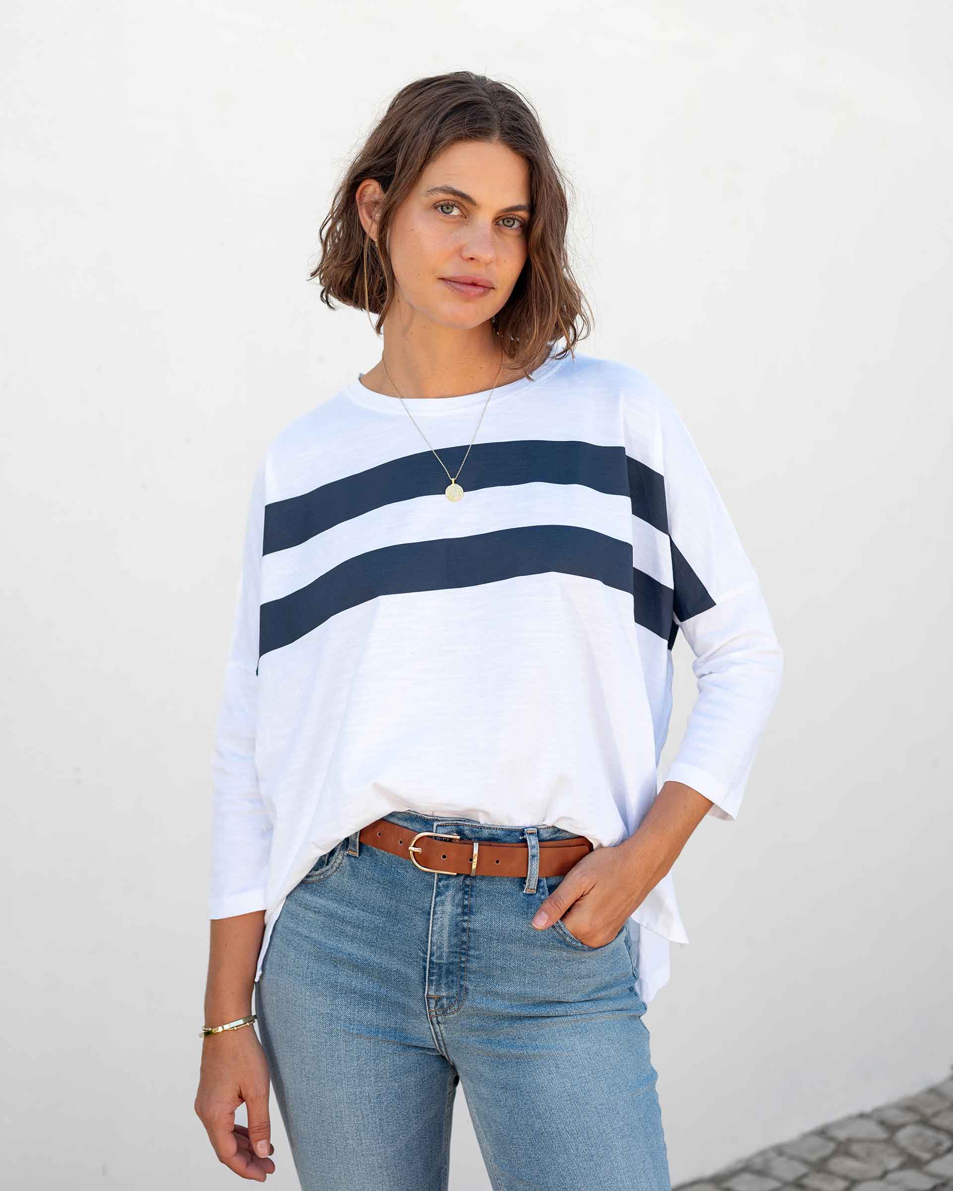 Women's White Navy Striped Slub Tee