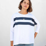 Women's White Navy Striped Slub Tee