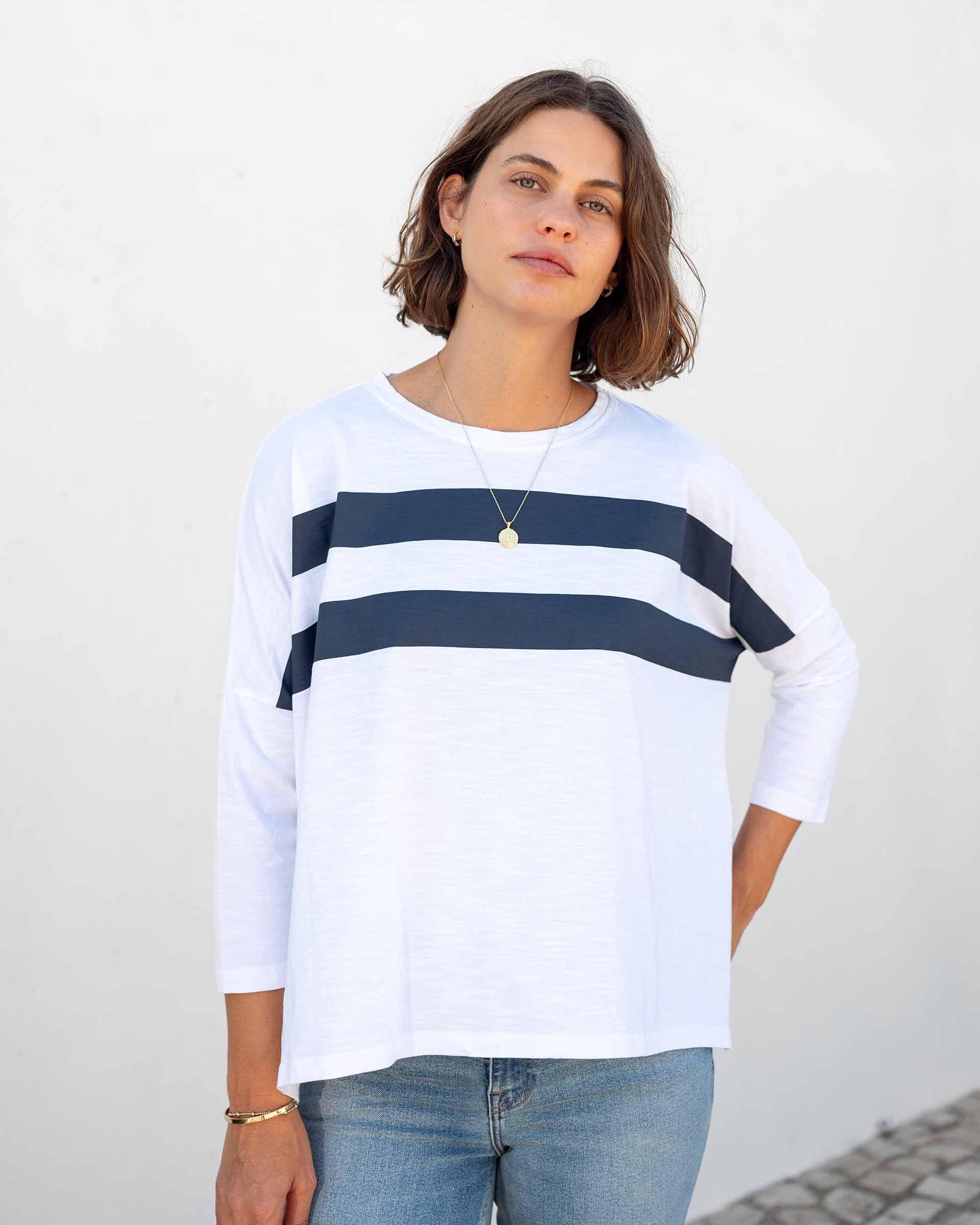 Women's White Navy Striped Slub Tee