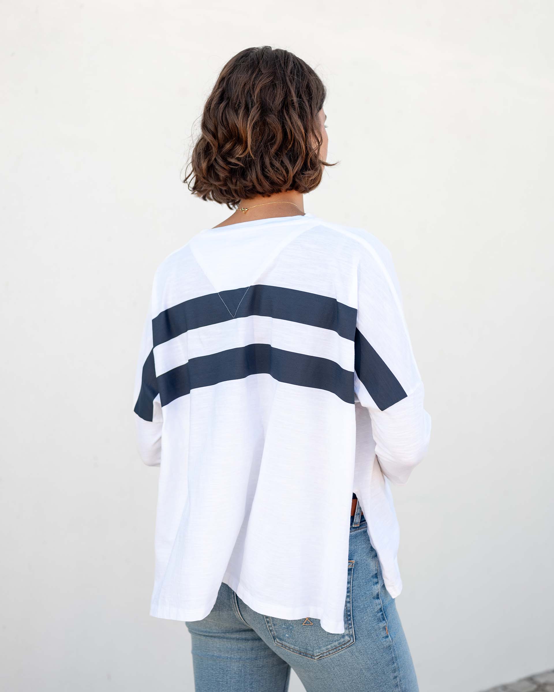 Women's White Navy Striped Slub Tee