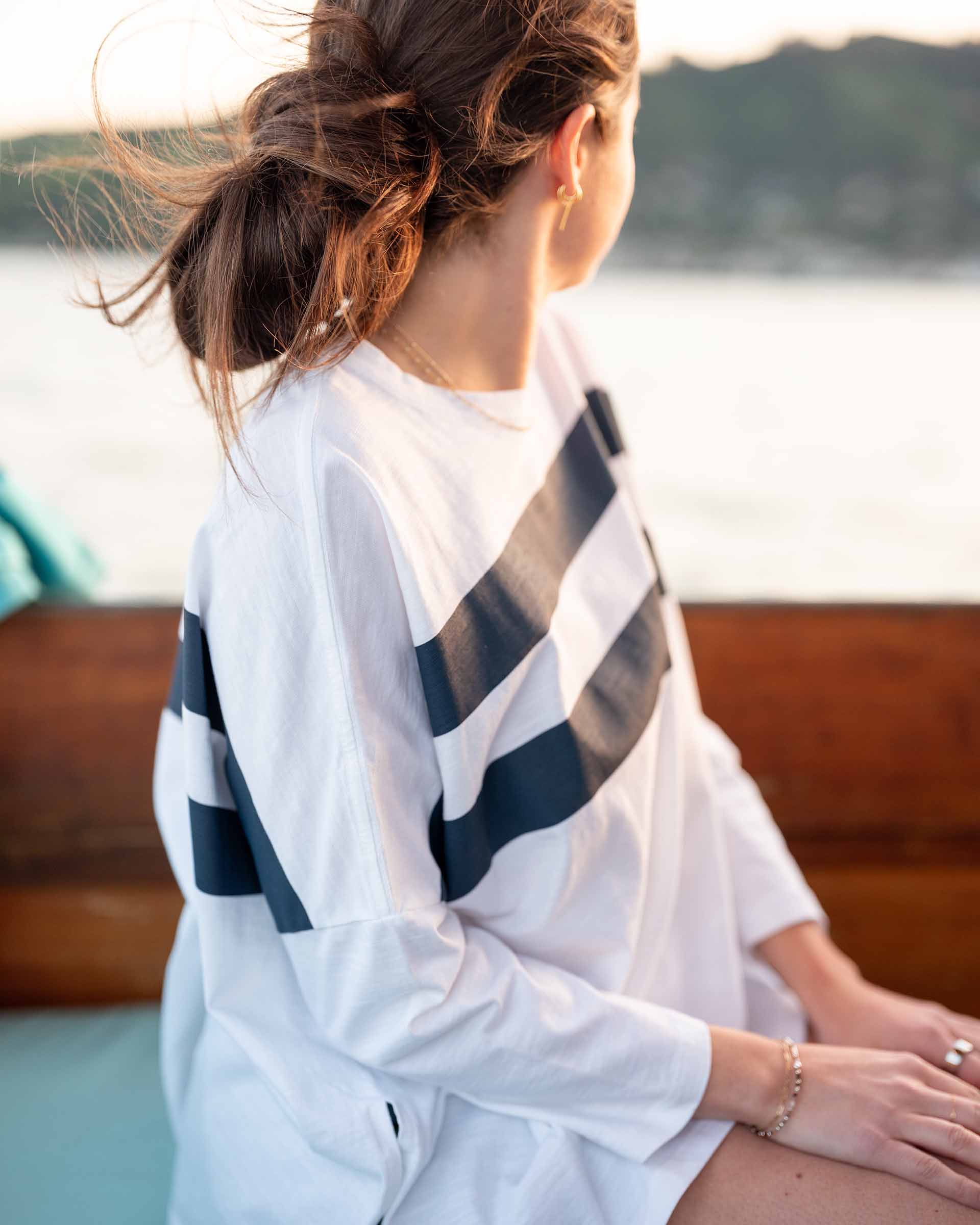 Women's White Navy Striped Slub Tee