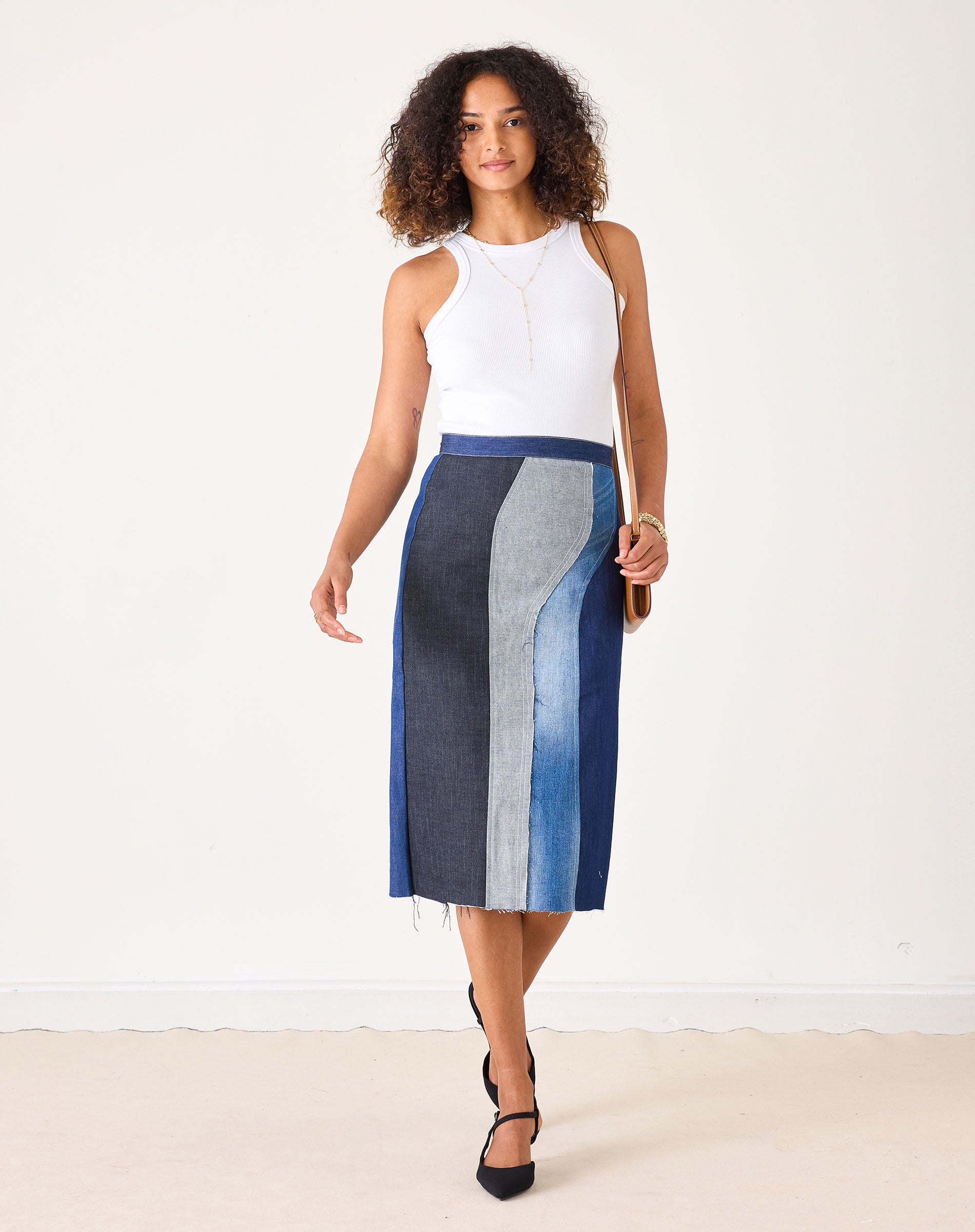 Women's Patchwork Denim Midi Skirt