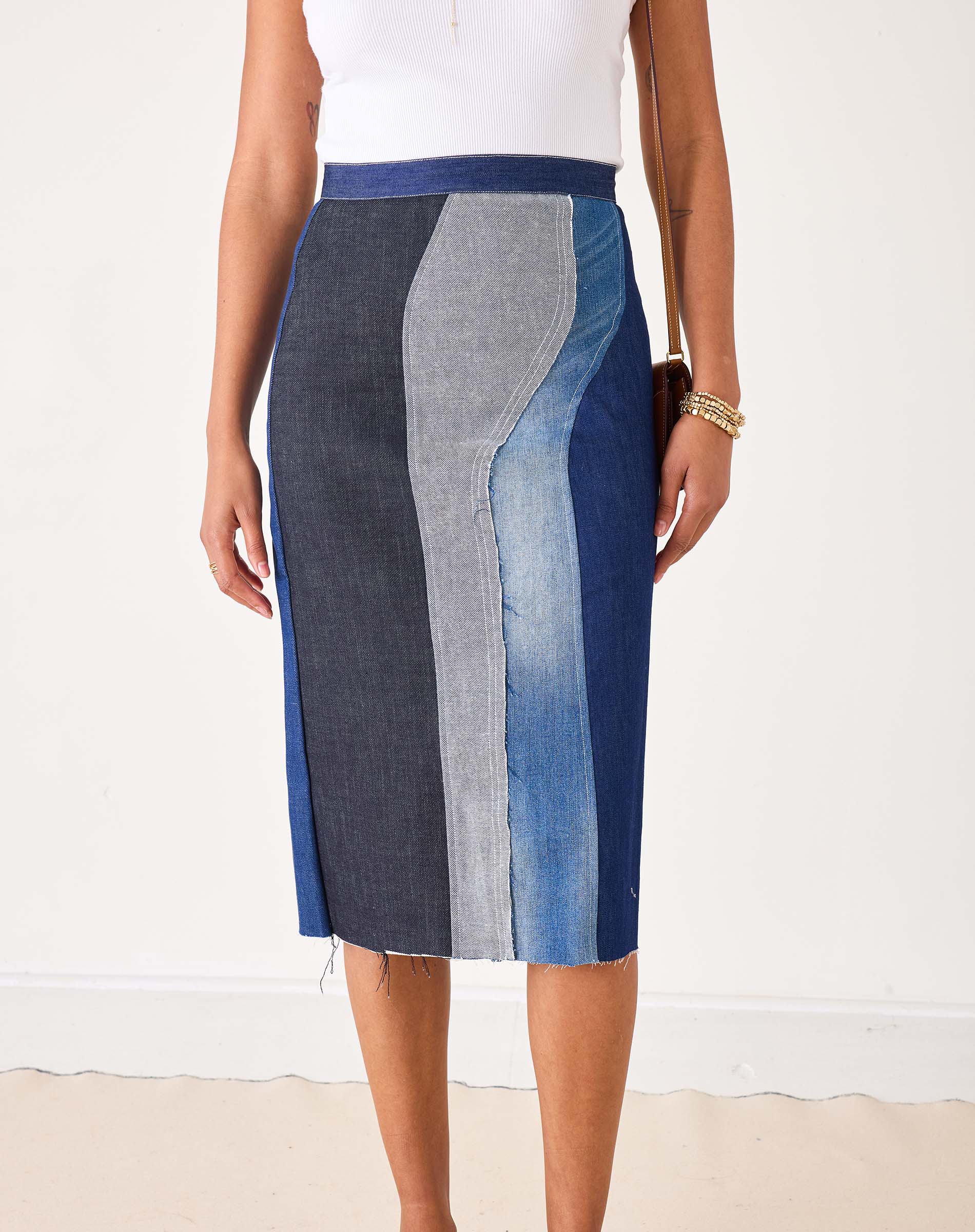Women's Patchwork Denim Midi Skirt