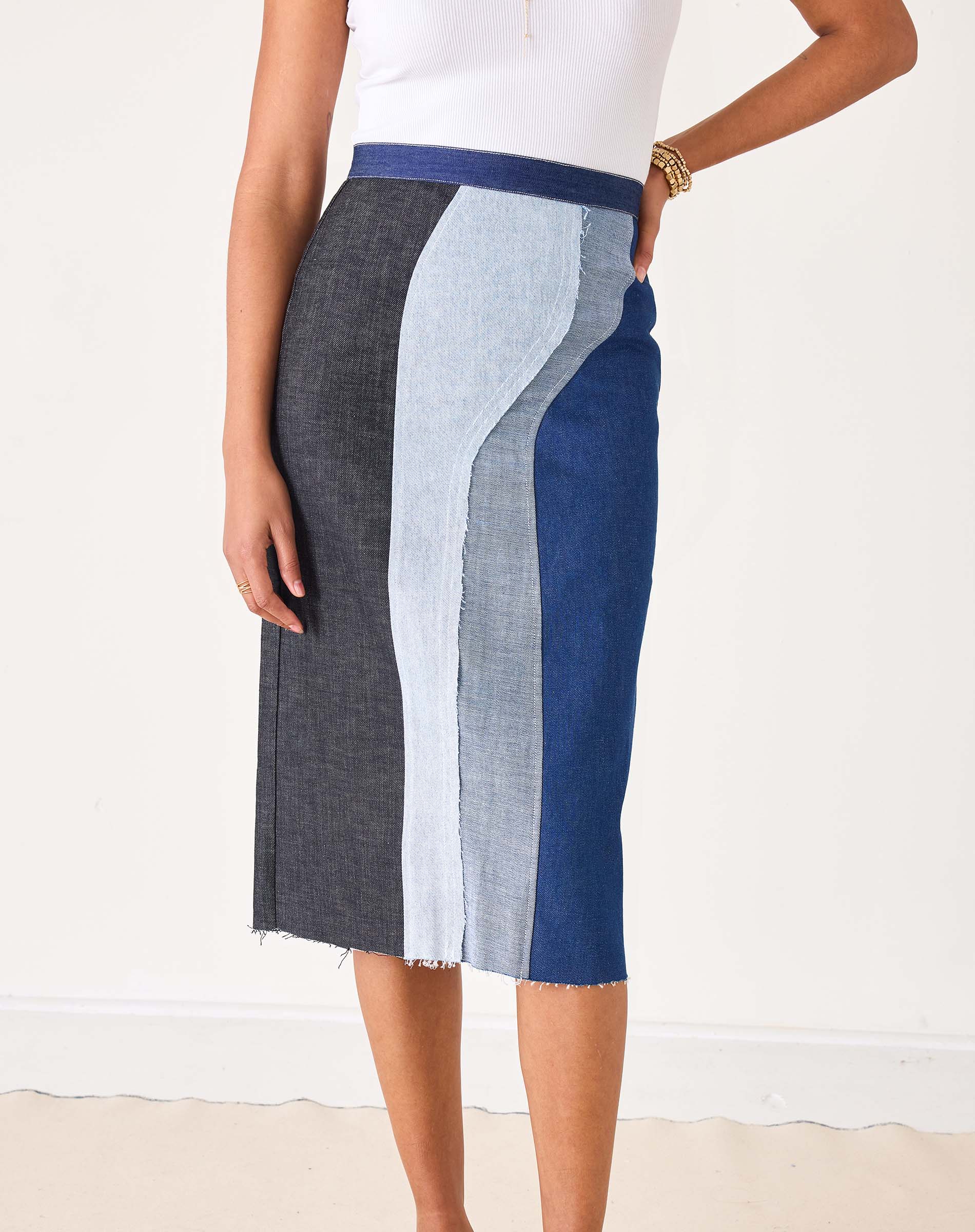 Women's Patchwork Denim Midi Skirt