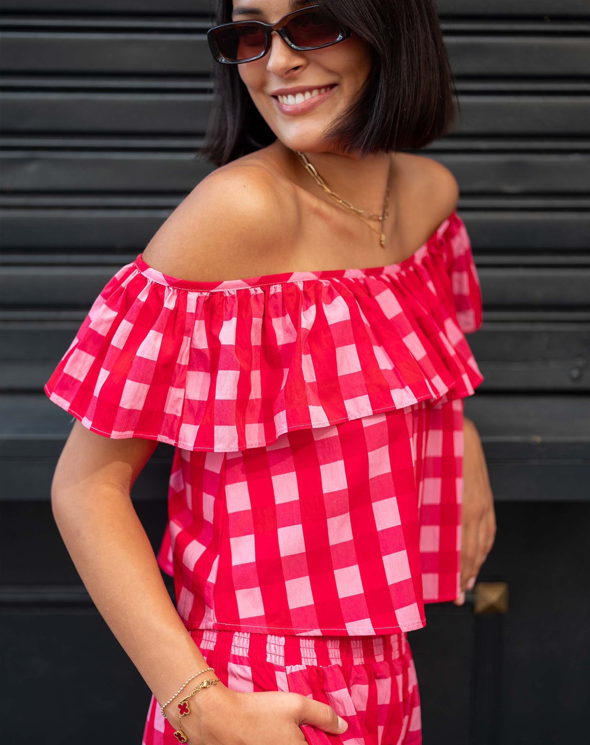 Women's Pink Checkered Ruffle Top