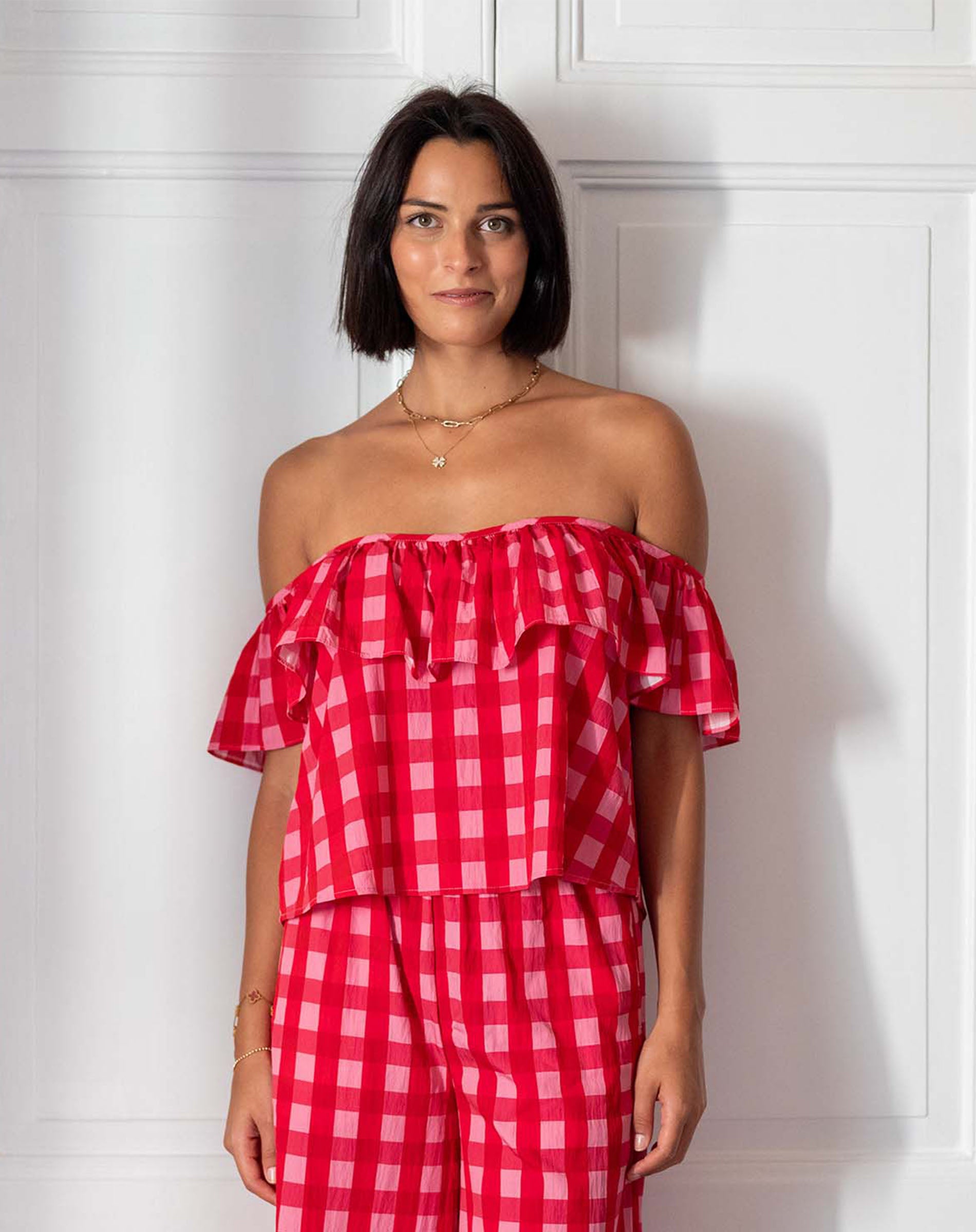 Women's Pink Checkered Ruffle Top
