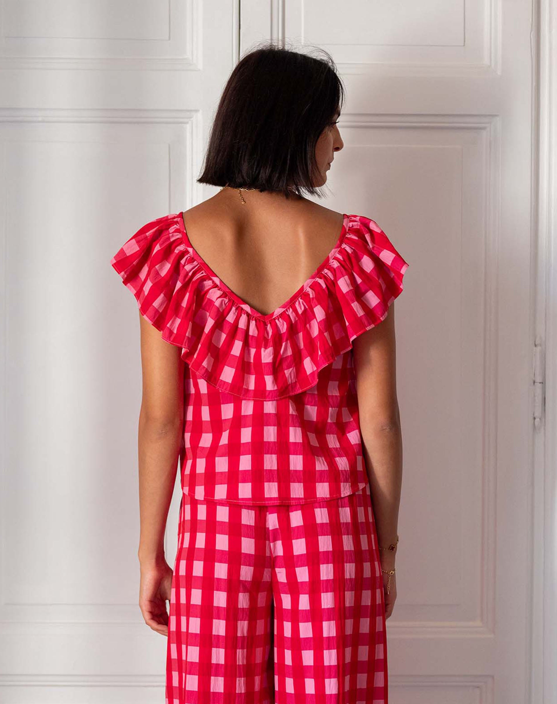 Women's Pink Checkered Ruffle Top
