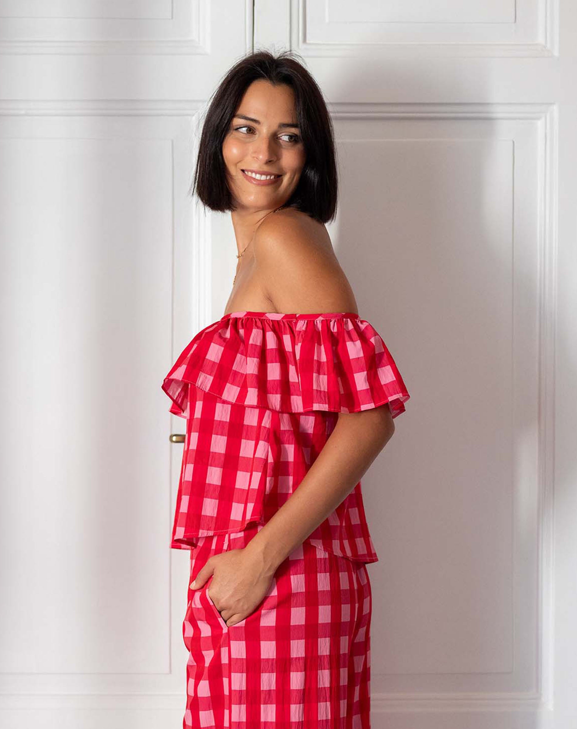 Women's Pink Checkered Ruffle Top