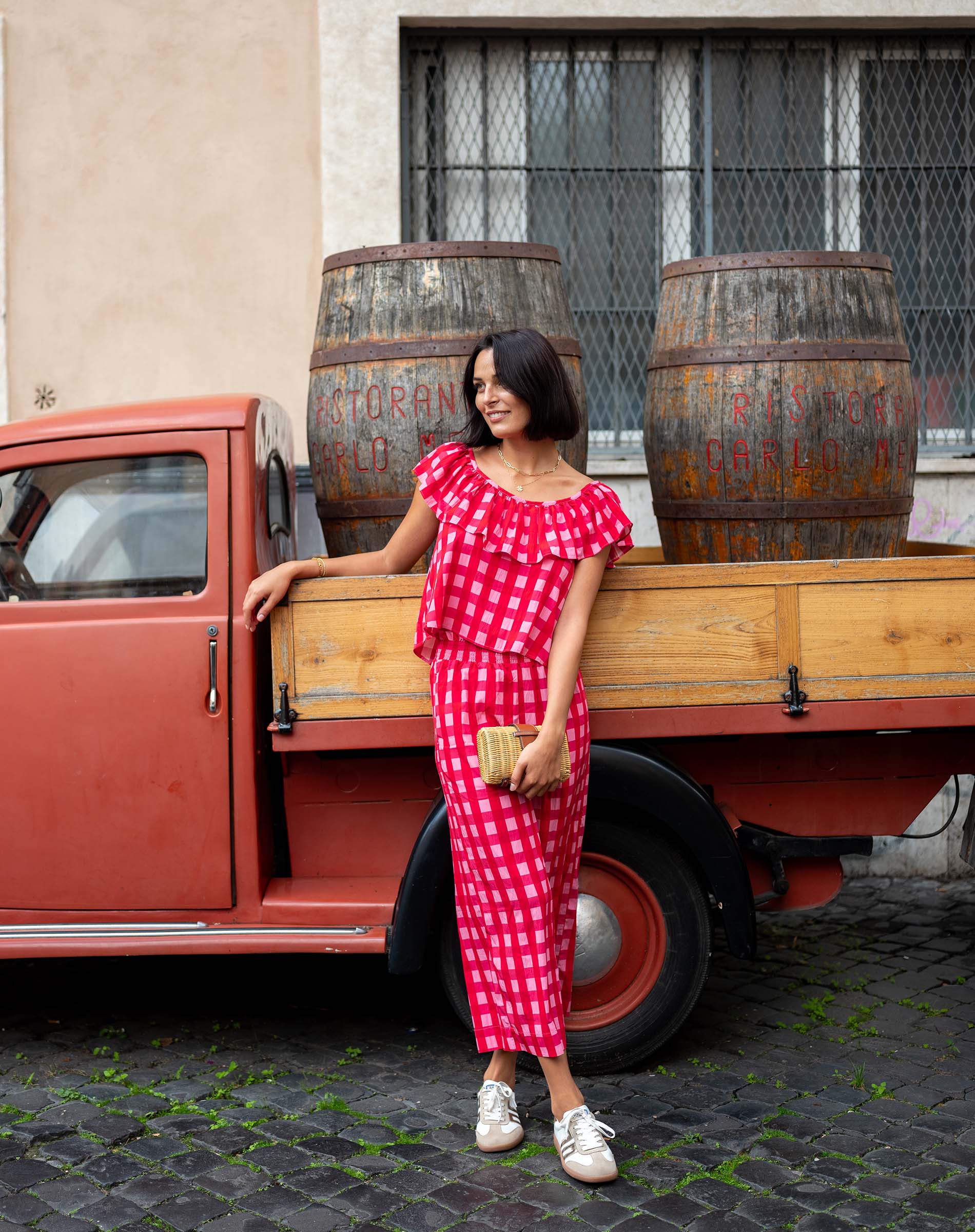 Women's Pink Checkered Ruffle Top