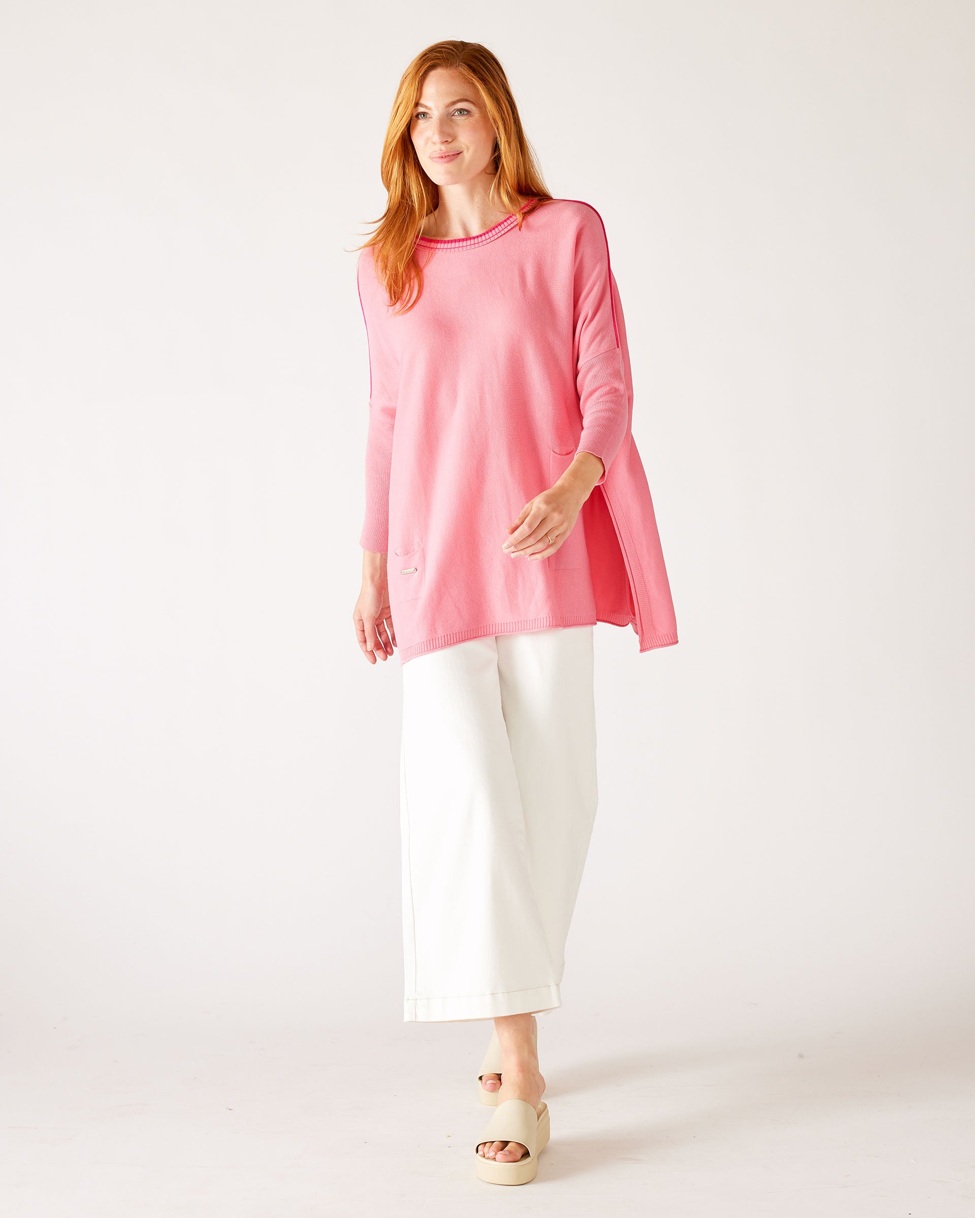 Women's Oversized Crewneck Knit Sweater in Pink Contrast Chest View