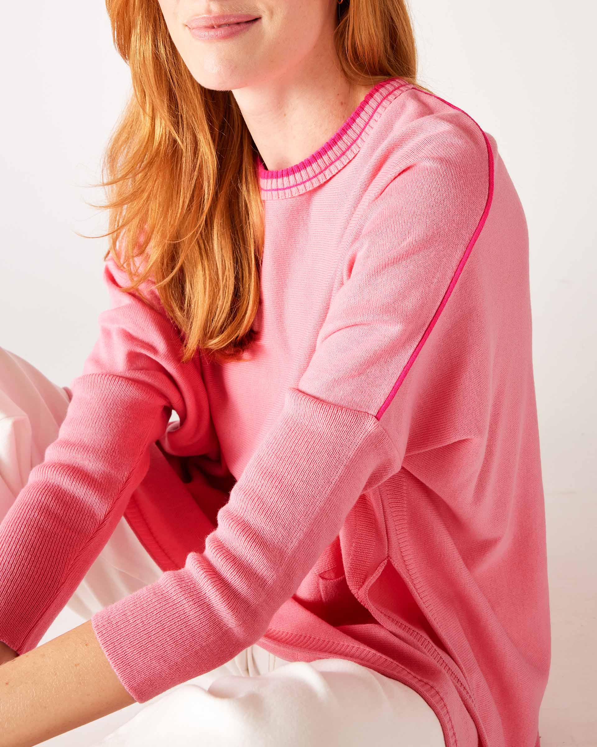 Women's Oversized Crewneck Knit Sweater in Pink Contrast Shoulder View