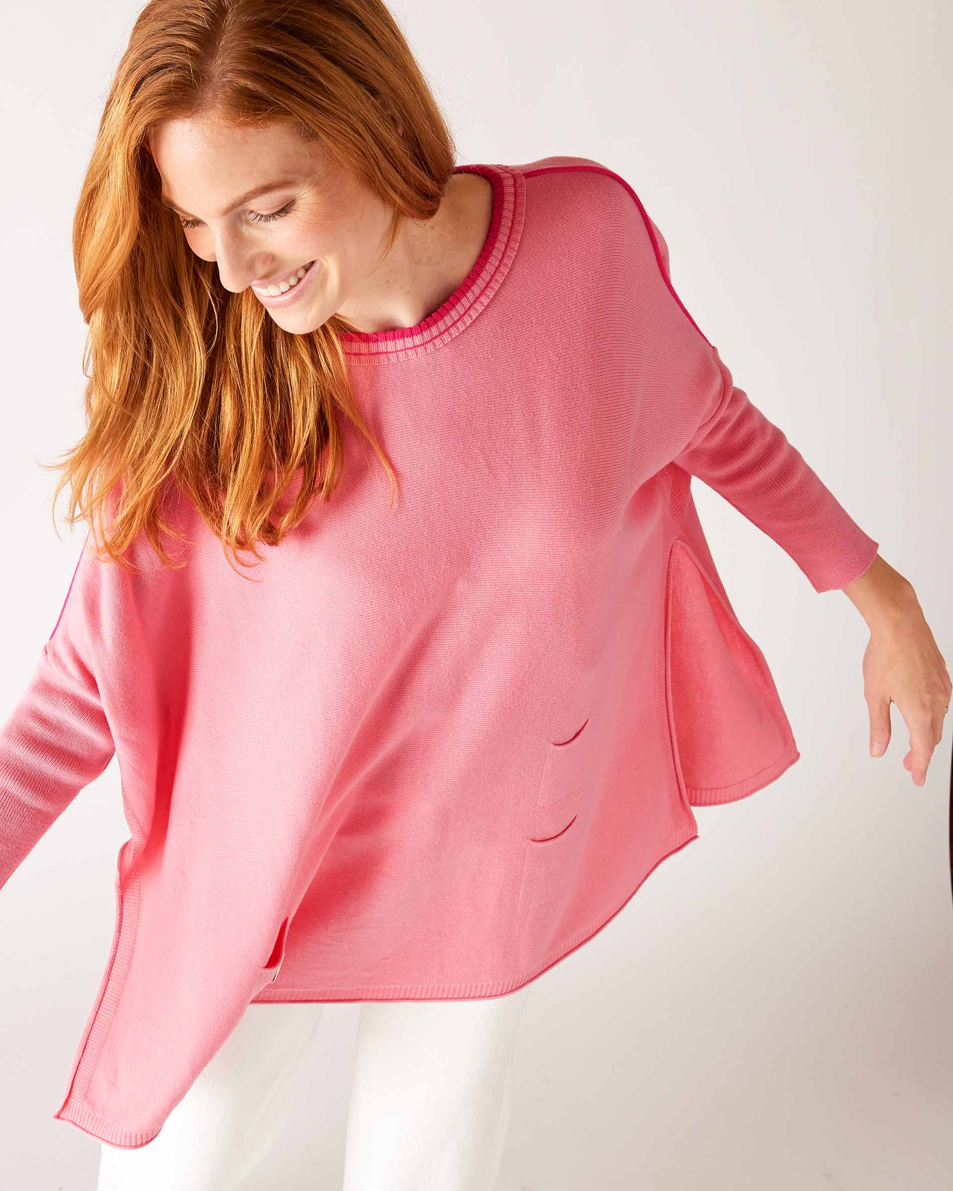  Women's Oversized Crewneck Knit Sweater in Pink Contrast Shoulder Contrast View