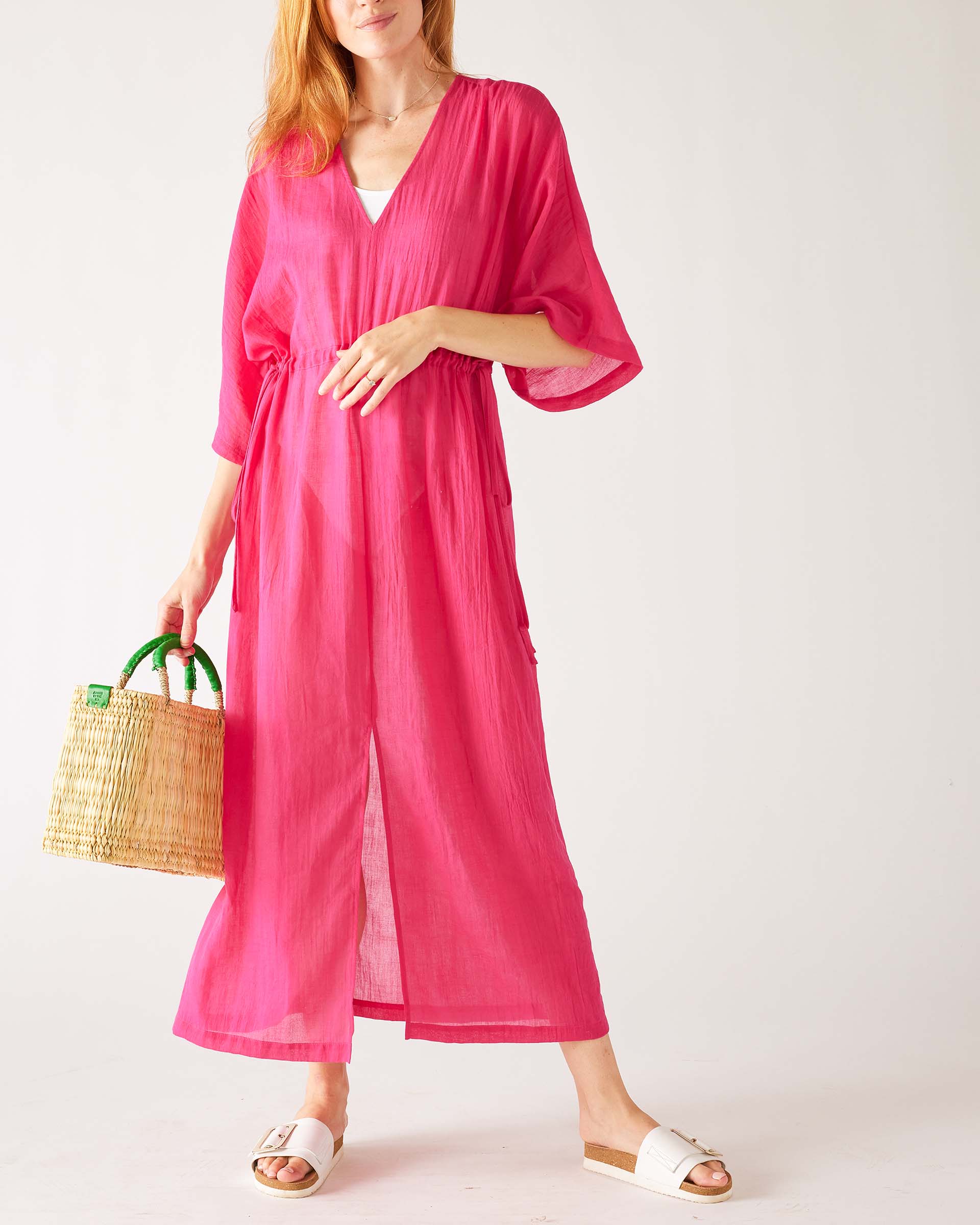 Women's Pink Lightweight Breathable Cinch Waist fron Slit Wide Elbow Length sleeves Breezy Kaftan Dress With Bag