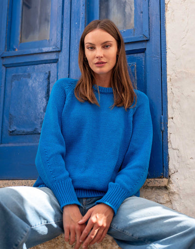 Women's Royal Blue Soft Crewneck Stitched Sweater Front View Destionation Look