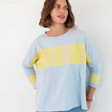 Women's Sporty Blue Yellow Striped Slub Tee