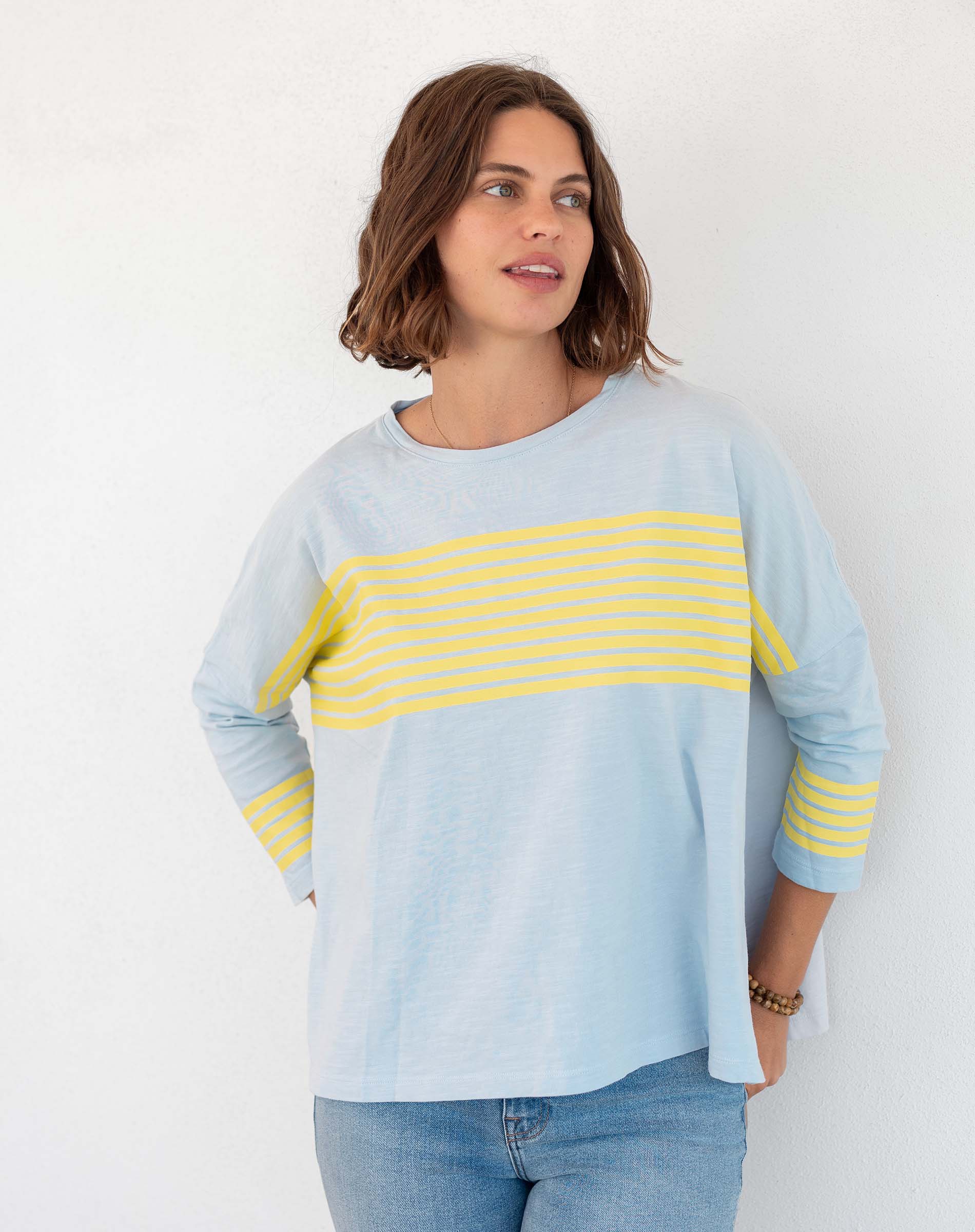 Women's Sporty Blue Yellow Striped Slub Tee