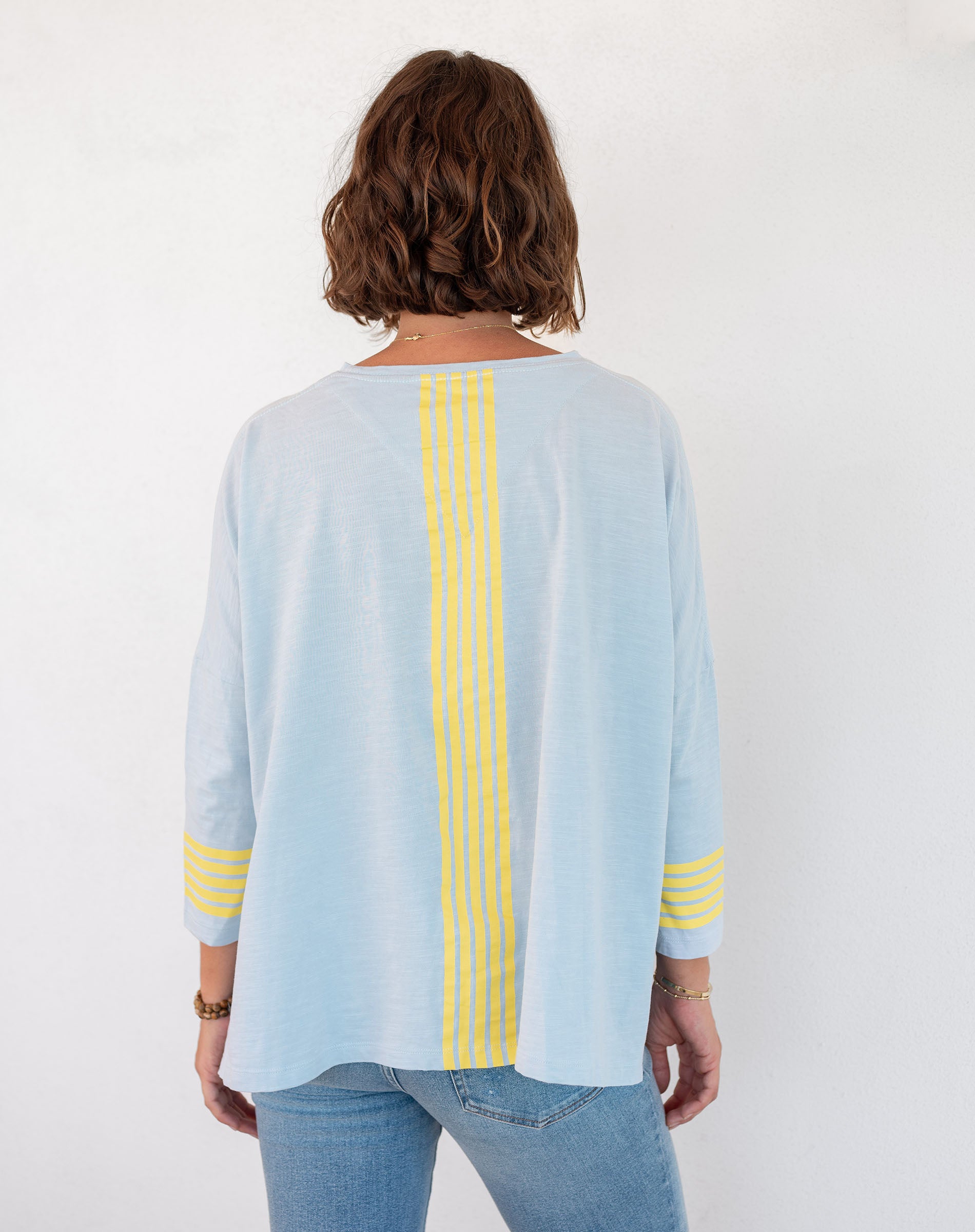 Women's Sporty Blue Yellow Striped Slub Tee