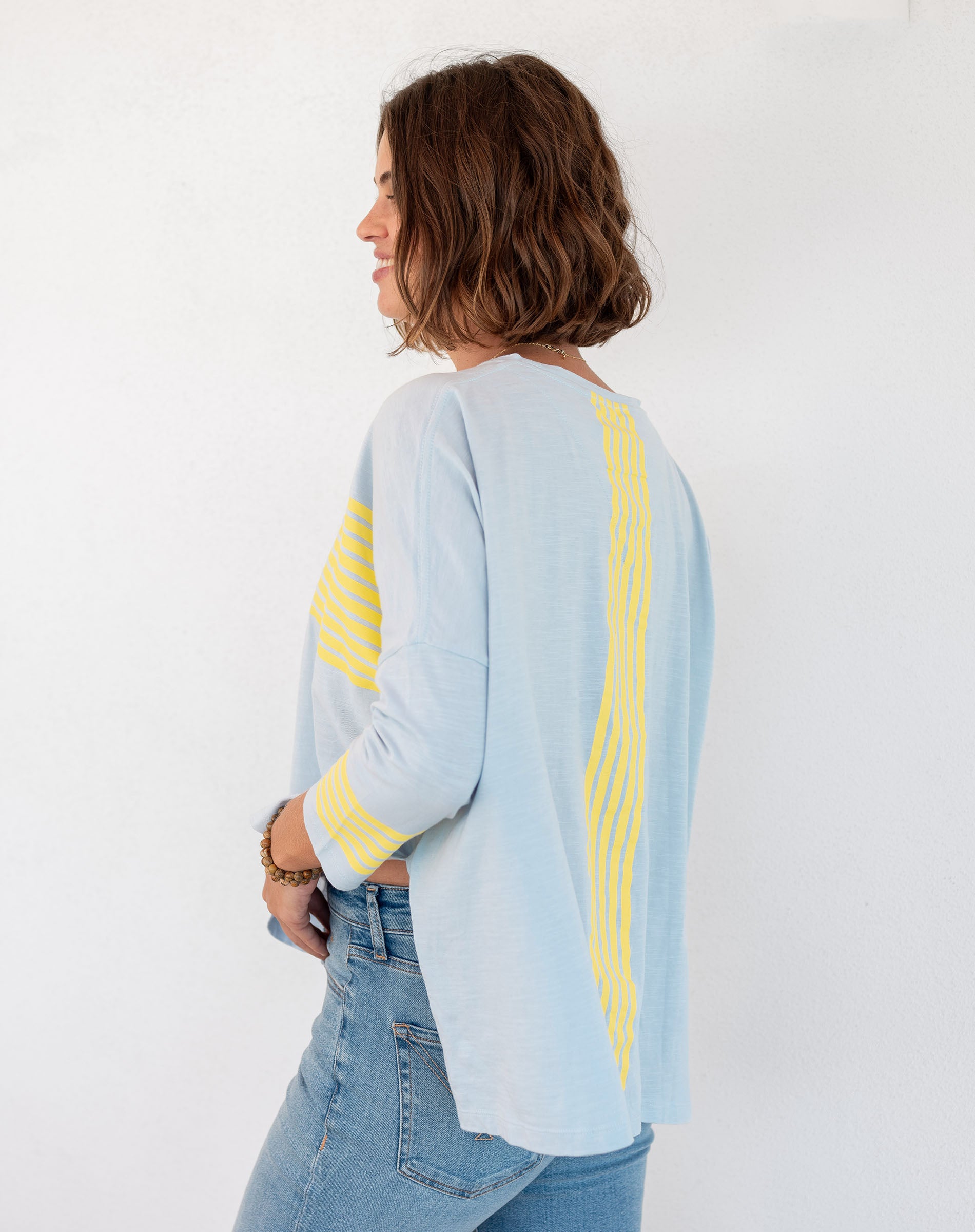 Women's Sporty Blue Yellow Striped Slub Tee