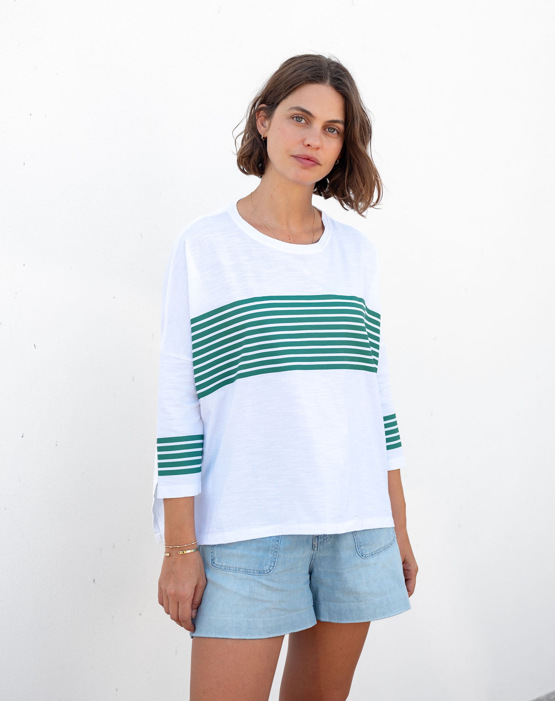 Women's Sporty Green Striped Slub Tee