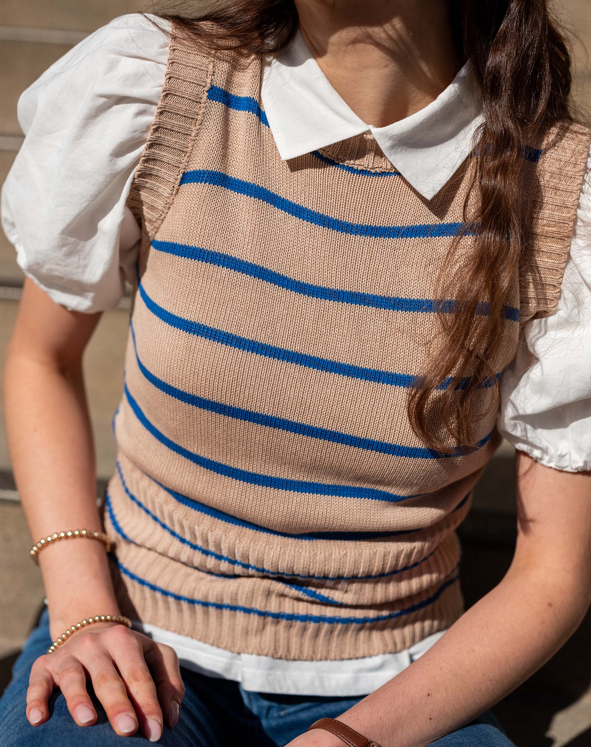 Women's Taupe Striped Sleeveless Vest