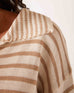 Women's White and Beige Striped Relaxed Fit Split Collar V-neck Breton Polo Sweater Close-up Collar Detail