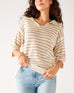 Women's White and Beige Striped Relaxed Fit Split Collar V-neck Breton Polo Sweater Front View