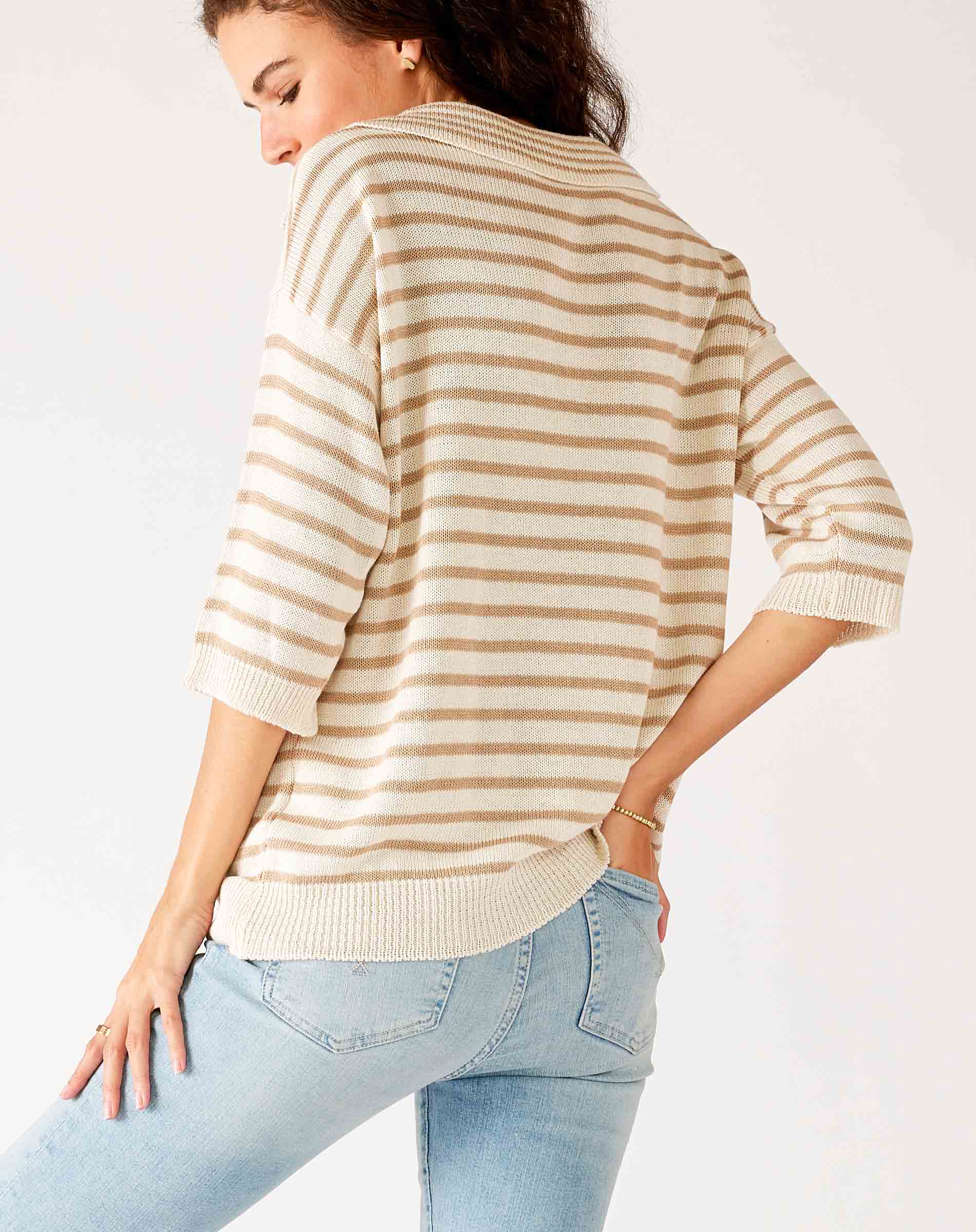 Women's White and Beige Striped Relaxed Fit Split Collar V-neck Breton Polo Sweater Rear View