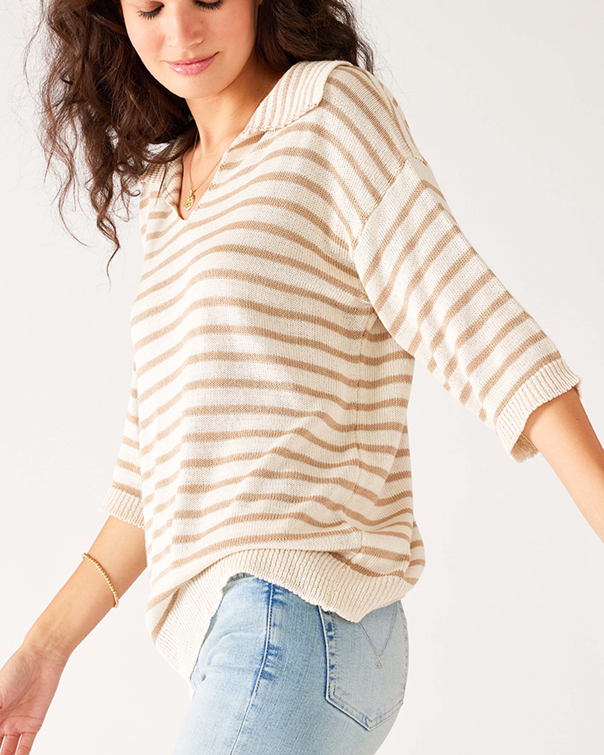 Women's White and Beige Striped Relaxed Fit Split Collar V-neck Breton Polo Sweater Side View