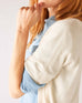 Womens White Lightweight Cuffed Elbow Length Sleeves Duster Close Up Detail Shoulder Seam