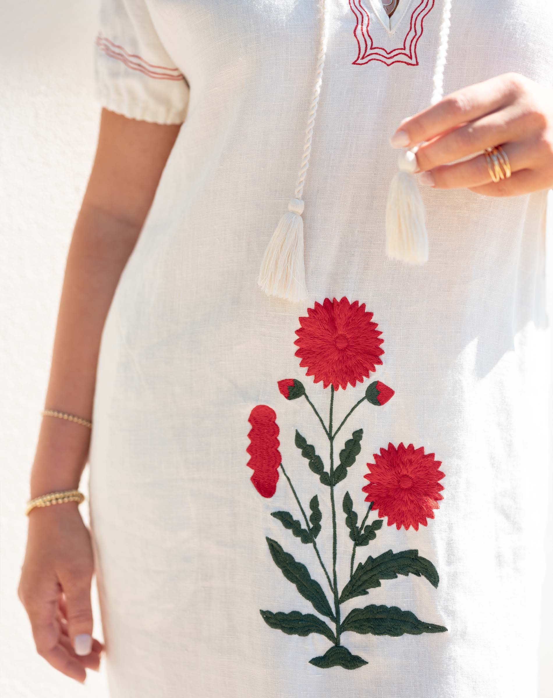 Women's White Red Embroidered Maxi Dress