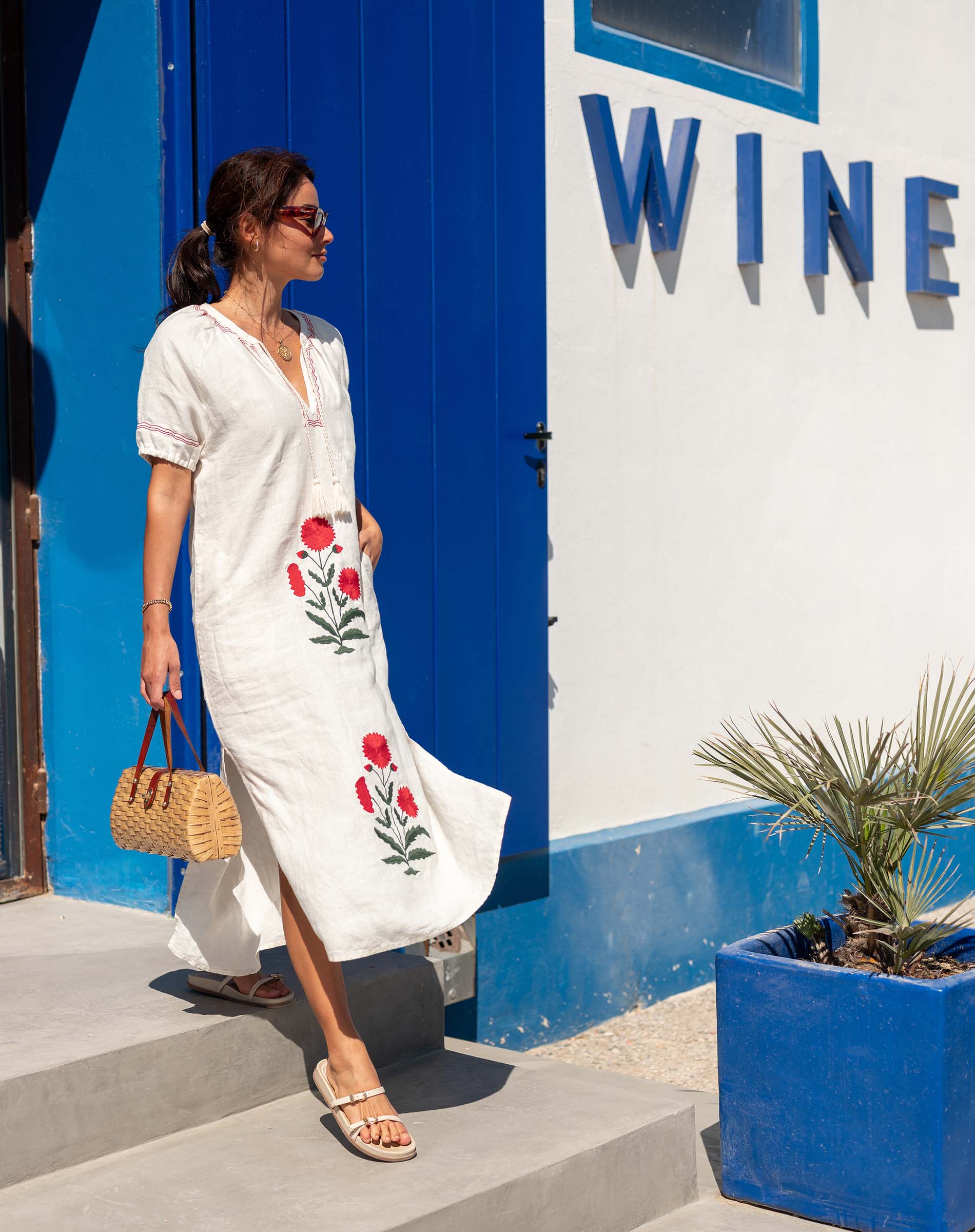 Women's White Red Embroidered Maxi Dress
