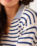 Women's White Navy Striped Relaxed Fit Split Collar V-neck Breton Polo Sweater Close-up Collar Detail
