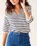 Women's White Navy Striped Relaxed Fit Split Collar V-neck Breton Polo Sweater Front View