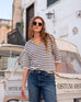 Women's White Navy Striped Relaxed Fit Split Collar V-neck Breton Polo Sweater Travel Destination Look