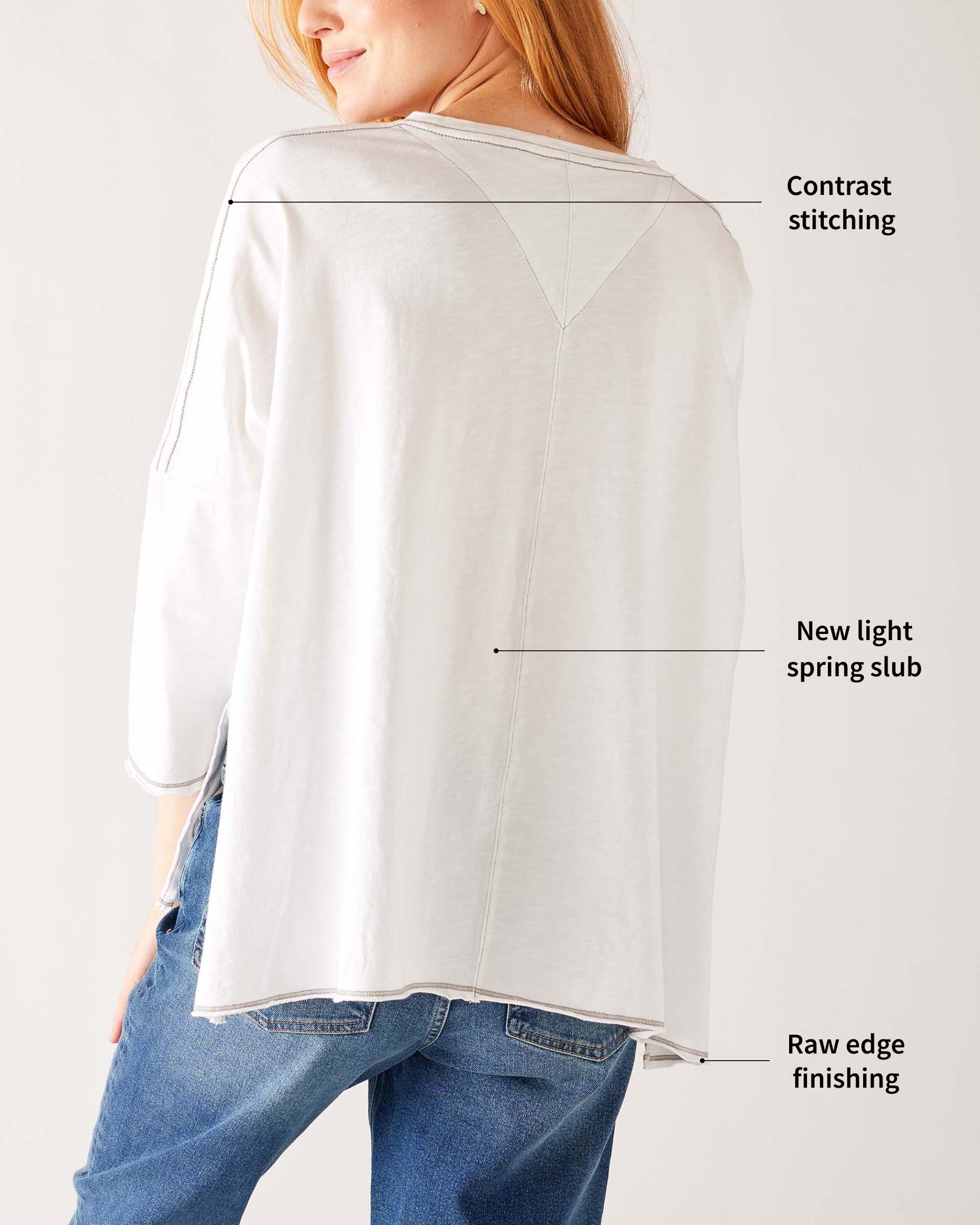 Women's One Size Tee in White Back View with Callouts