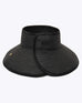 black roll-up wide brim visor hat that snaps together with opening on the top on a white background