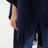Women's One Size Navy Travel Wrap Front View Detail of Fringe