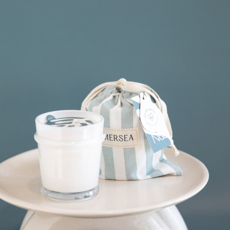 Sea change sandbag candle stripe white and blue