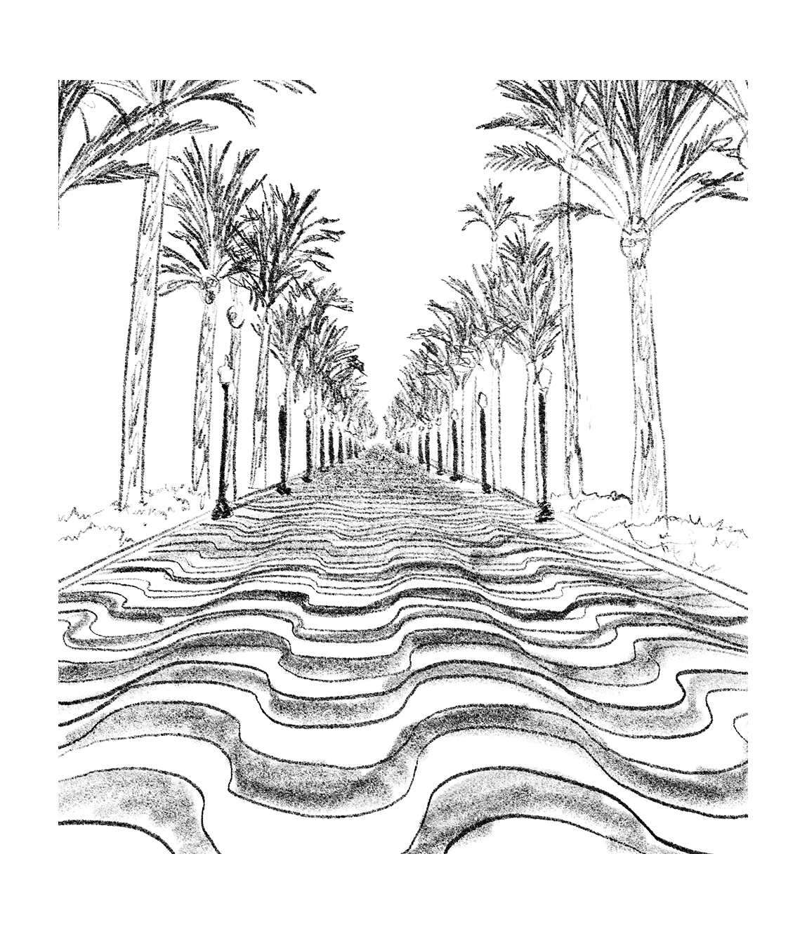 Hand-drawn black and white pencil sketch of Alicante's Explanada de España, a long palm-lined promenade with street lamps and its famous wavy mosaic pavement.