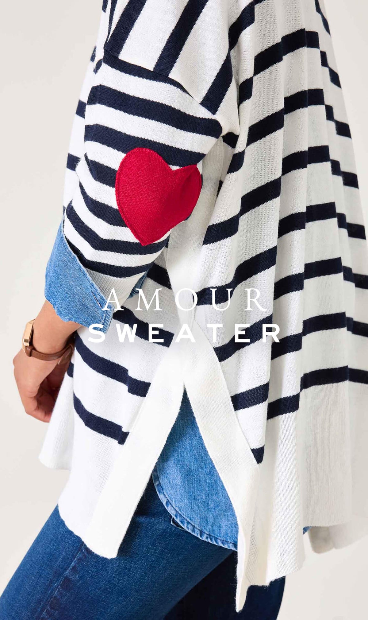 MERSEA ladies' travel-ready white and navy blue striped knit wrap sweater with a large red heart on the front. Text: AMOUR SWEATER