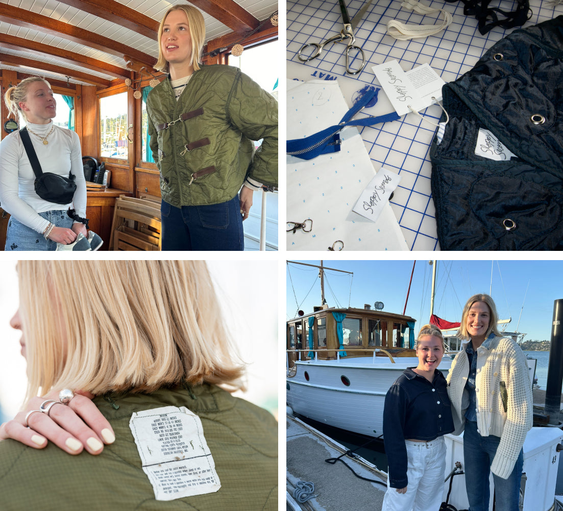 Collage of people on a boat, clothing on a grid, close-up of a label, and two women on a boat.