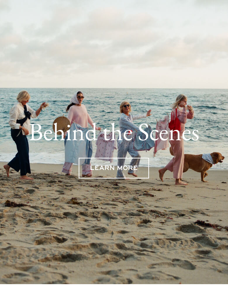 People and a dog walking on a beach with text overlay 'Behind the Scenes' and 'Learn More'.
