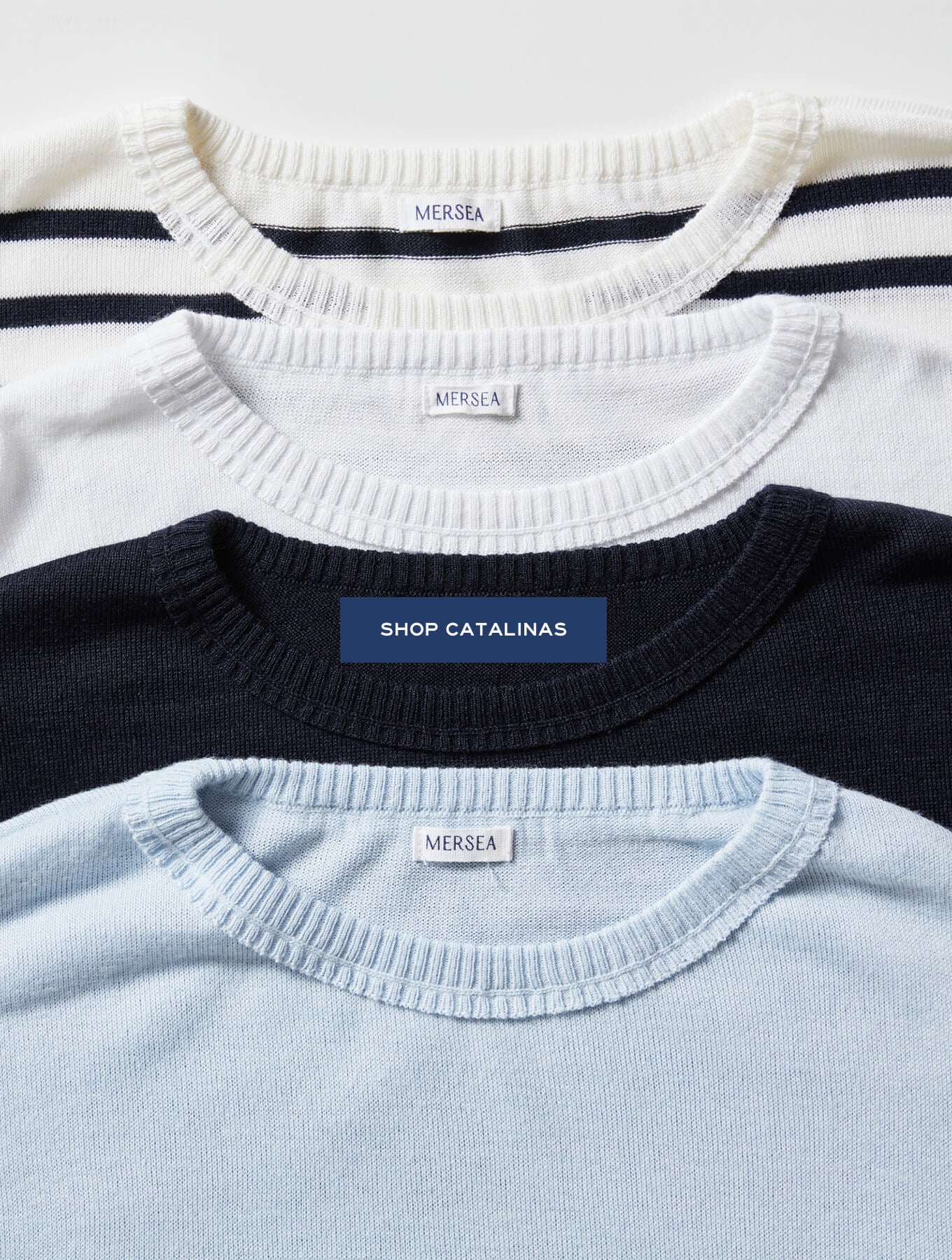 Knit tops in white with stripes, navy blue, and light blue. Text: SHOP CATALINAS