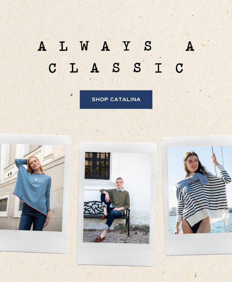 Promotional banner for the Catalina collection featuring three women in different coastal-inspired outfits shown in polaroid frames. Text: 'ALWAYS A CLASSIC', 'SHOP CATALINA'