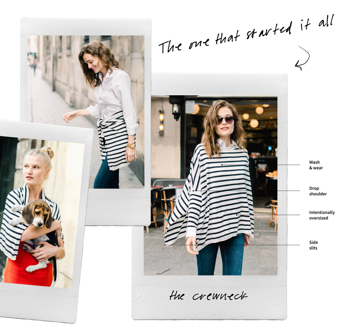 A collage of three photos featuring a model in various settings wearing a striped knit sweater. The main image features the brand's slogan 'The one that started it all'. There is also text indicating garment details: 'Wash & wear', 'Drop shoulder', 'Intentionally oversized', and 'Side slits'. At the bottom, the collection name 'the crewneck' is displayed.