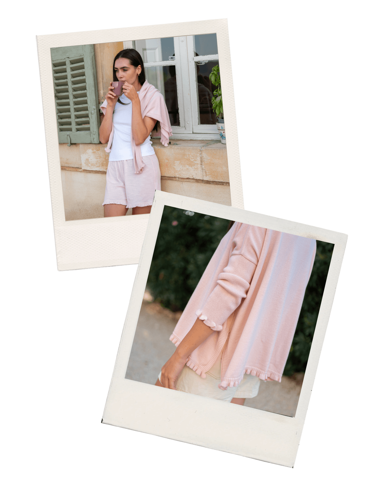 Woman wearing a pink cardigan over a white dress, with close-up details.