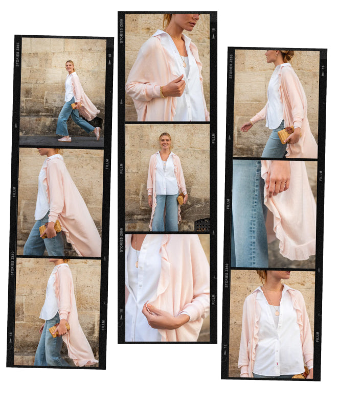 images of a woman wearing a light pink kimono with ruffle details.