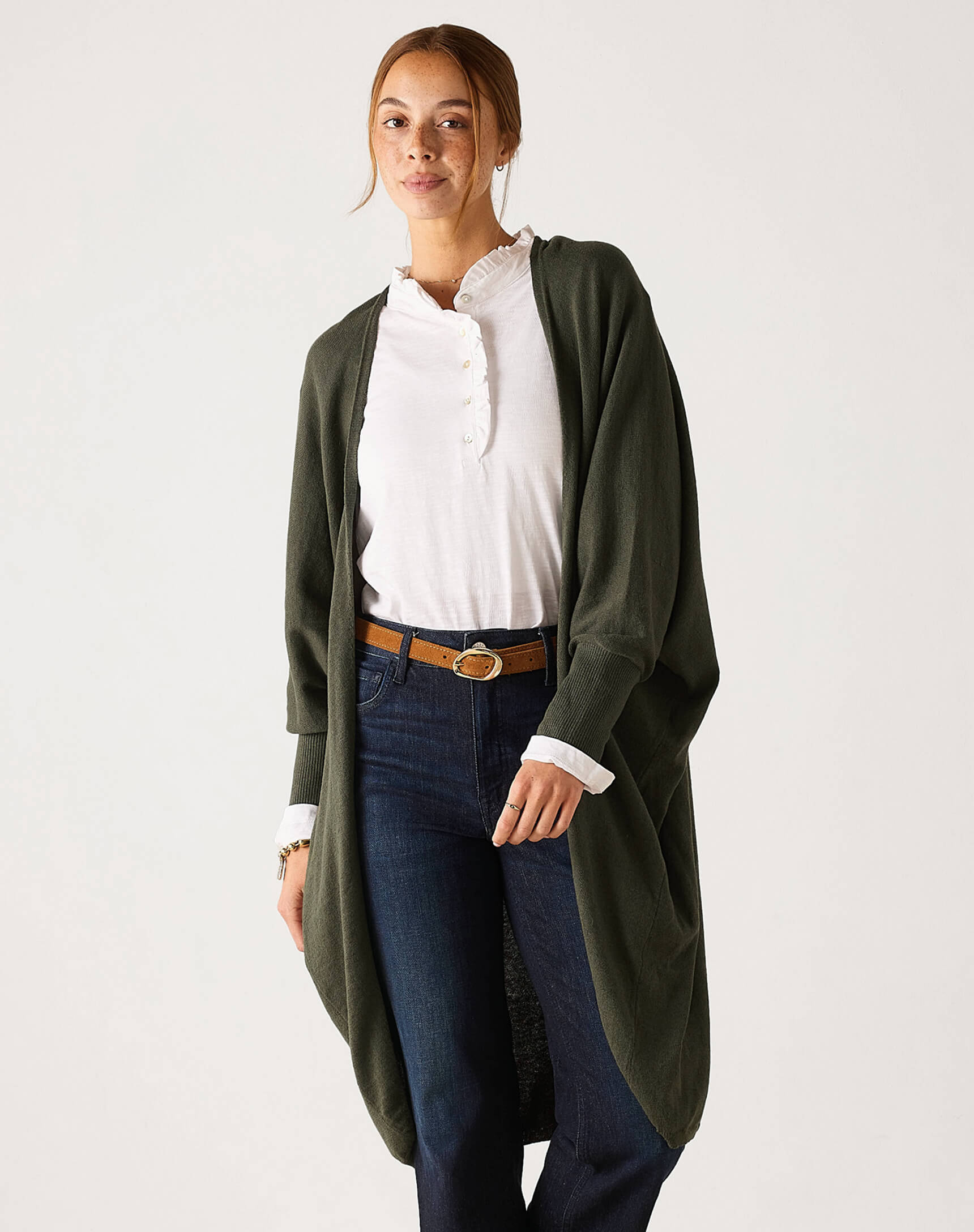 MERSEA ladies' travel-ready olive green oversized kimono wrap with wide sleeves.