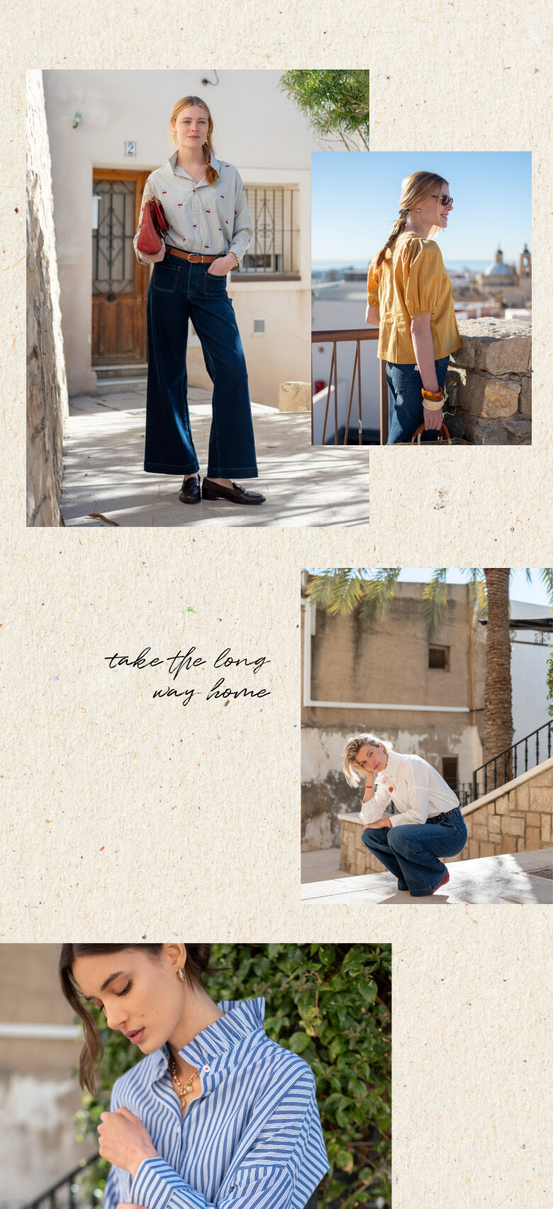 Lookbook collage featuring several women in resort wear across different scenes. Text: 'take the long way home'