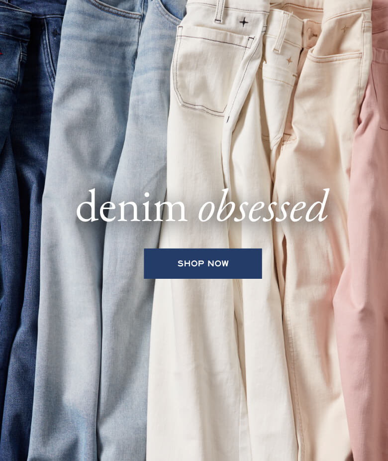 Row of jeans in various colors with 'denim obsessed' text and 'Shop Now' button.